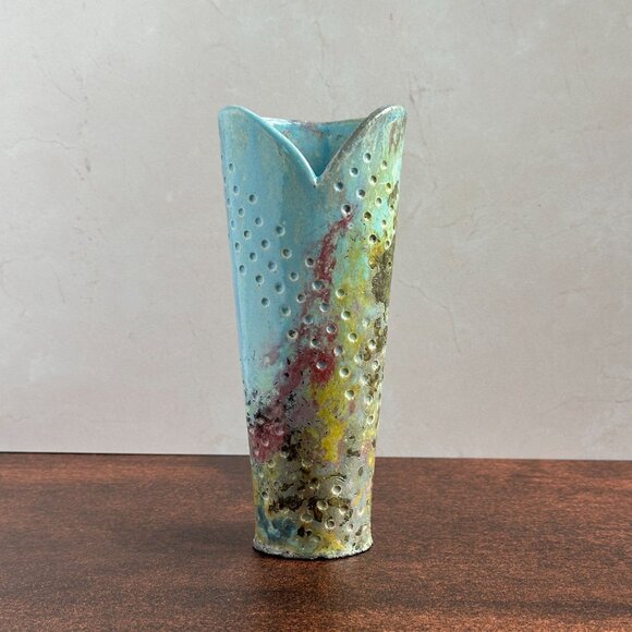 Studio Pottery Vase 8", Blue Yellow Pierced Ceramic - Picture 7 of 9